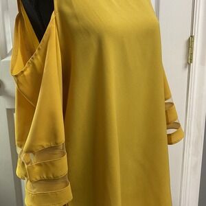 Women Blouse Gold V-Neck Flair Sleeve Top Loose Fit Unbranded NWOT-open Shoulder